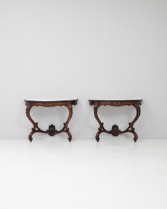 1880s French Pair Of Wooden Console Tables With Marble Tops
