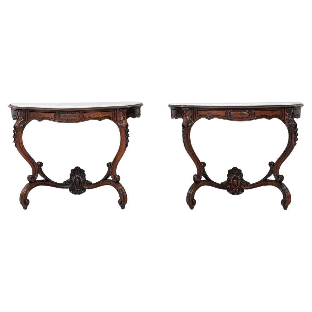 Coppia di tavoli da console in legno del 1880 con piani in marmo