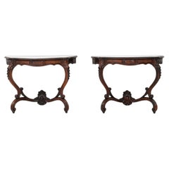 Coppia di tavoli da console in legno del 1880 con piani in marmo