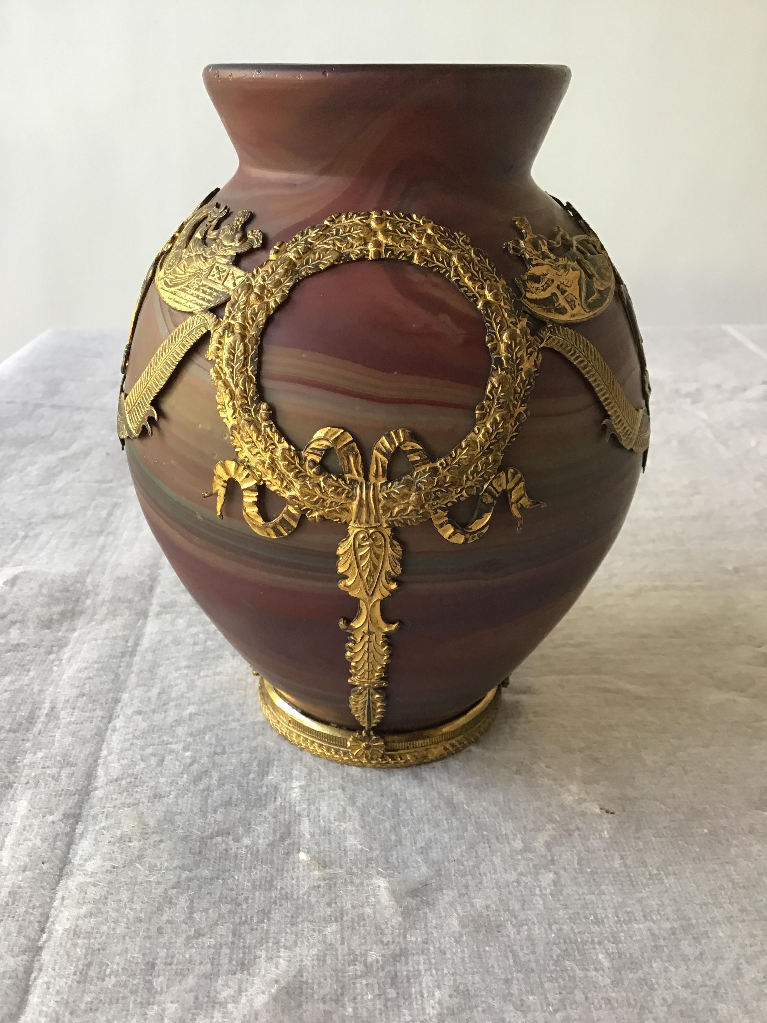 Blown Glass 1880s French Phoenician Glass Vase with Bronze Ormolu