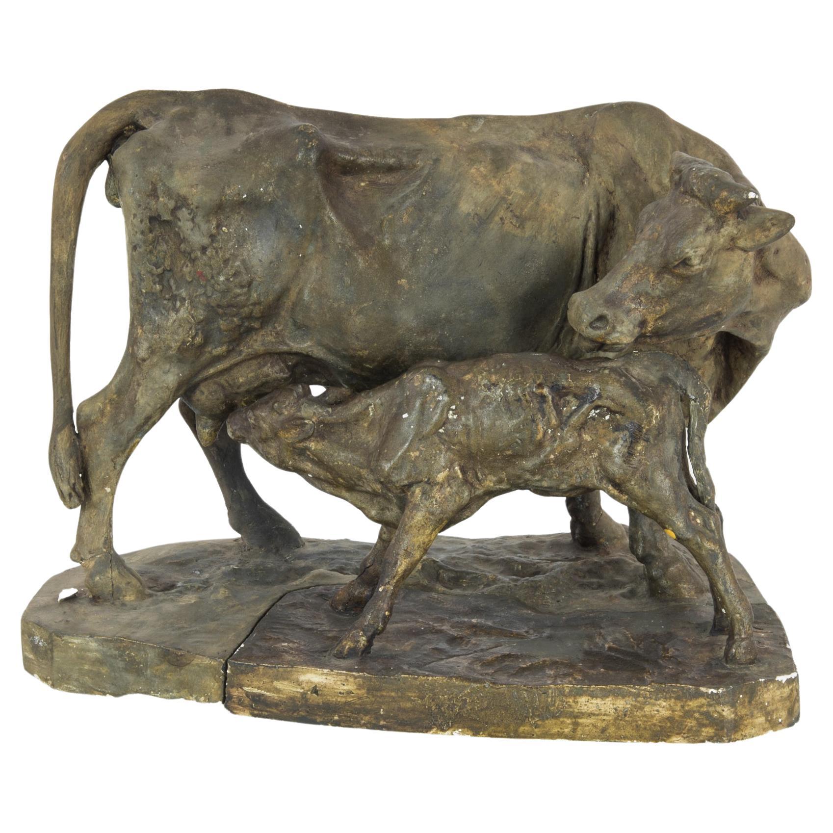 1880s French Plaster Cow and Calf by Pierre-Jules Mene