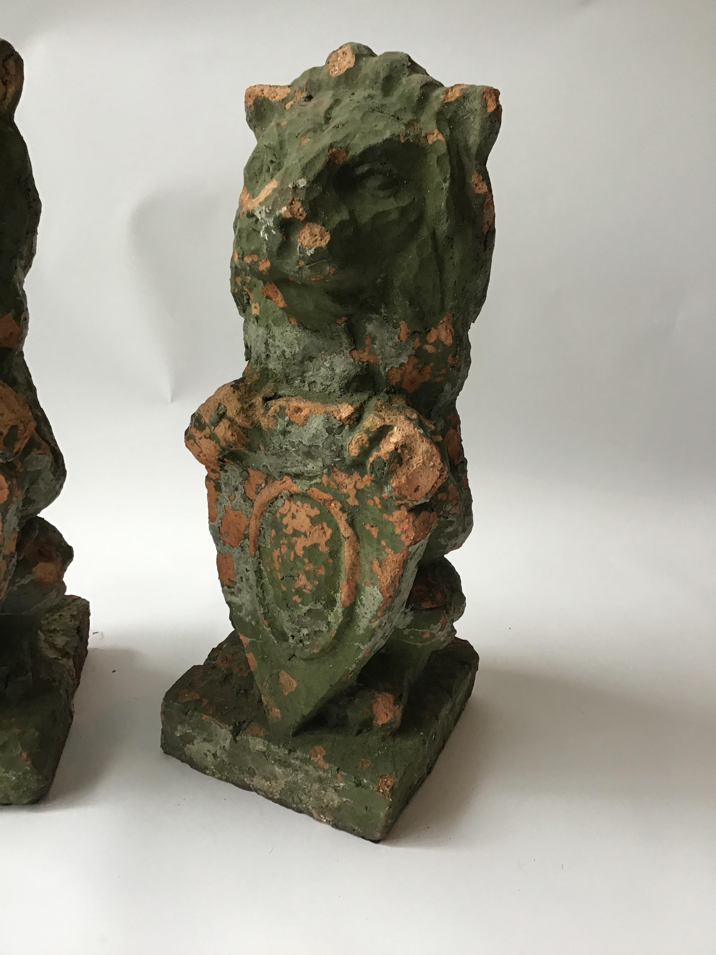 1880s French Terracotta Lions Holding Shields For Sale 3