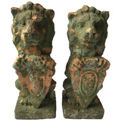 Antique 1880s French Terracotta Lions Holding Shields