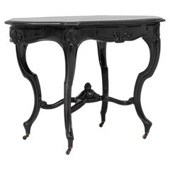 Antique 1880s French Wood Black Patinated Table On Wheels