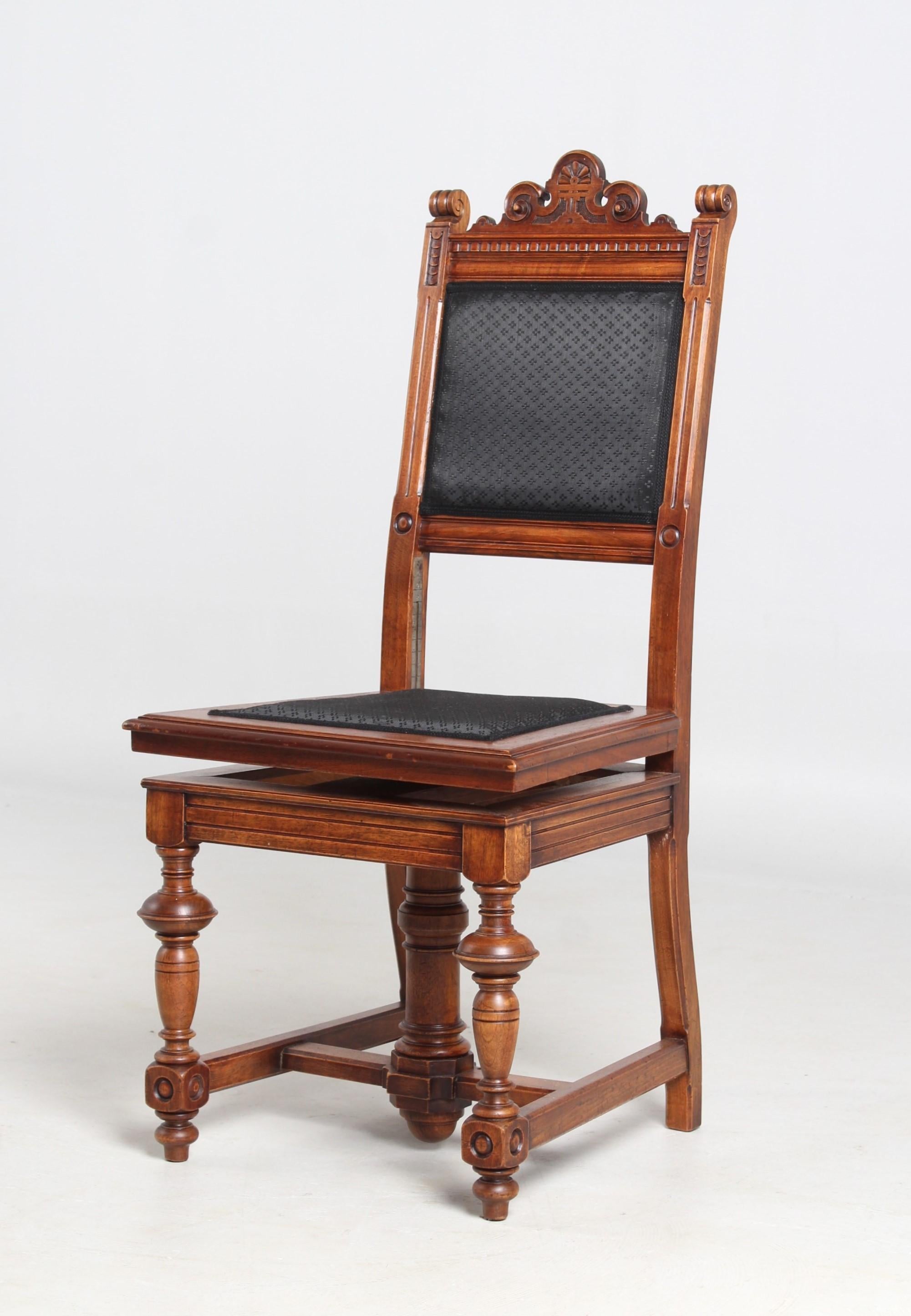 Antique height adjustable piano chair

Germany
Walnut
Wilhelminian period around 1890

Dimensions: H x W x D: 105 x 46 x 45 cm, seat height variable from H 46 - 58 cm

Description:
Quite extraordinary and extremely rare to find in this form piano