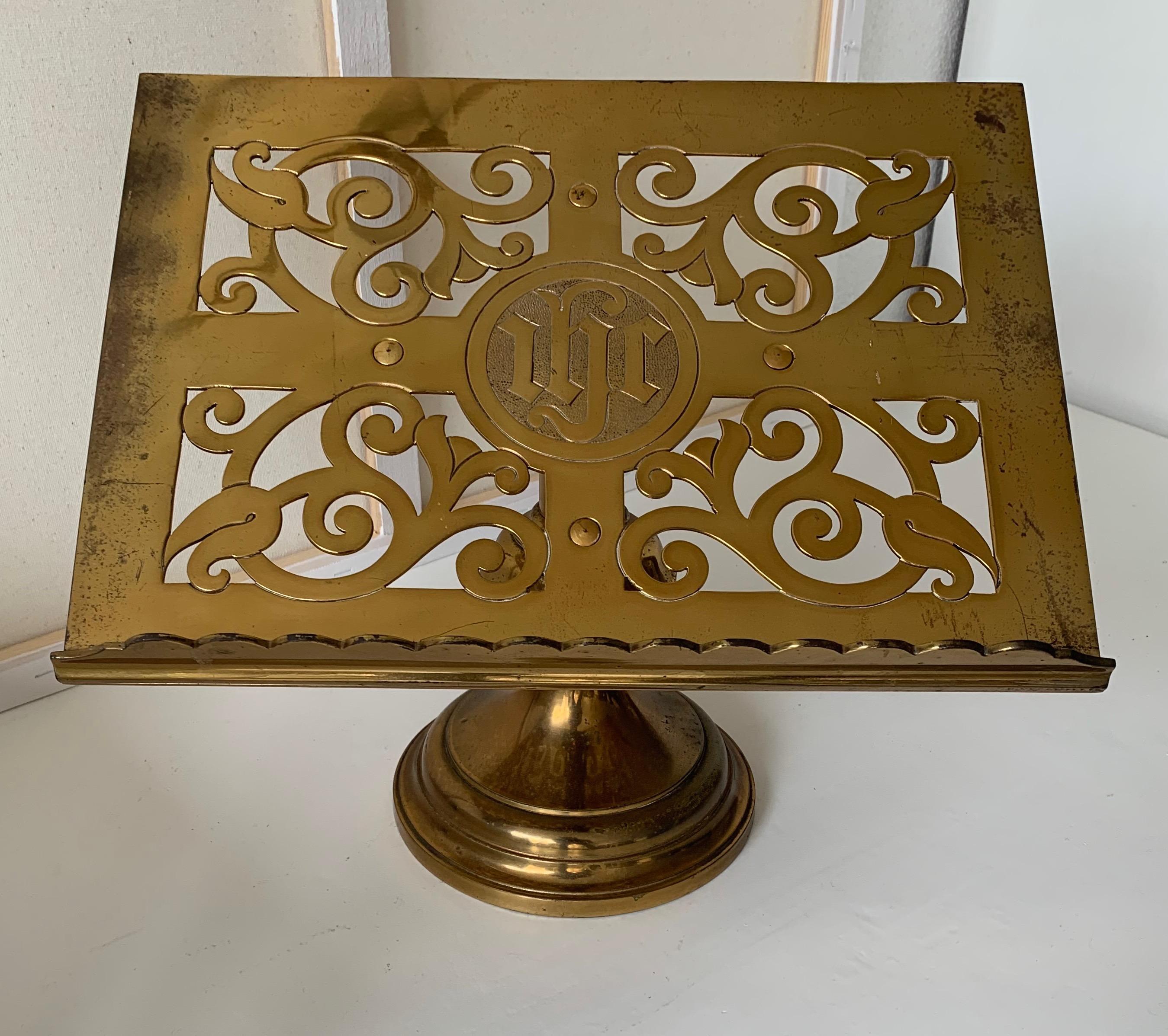Good size and strong 19th century, church missal stand.

This beautifully handcrafted and practical work of religious art from the late 1800s is perfect for holding your bible. This finest quality specimen is marked by the renowned makers, Jones and