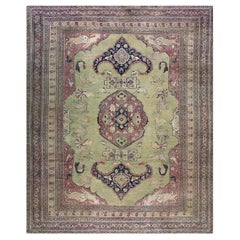 1880s Green Pistacho Fine Antique Khorassan Moud Animal Hunting Scene Rug Carpet