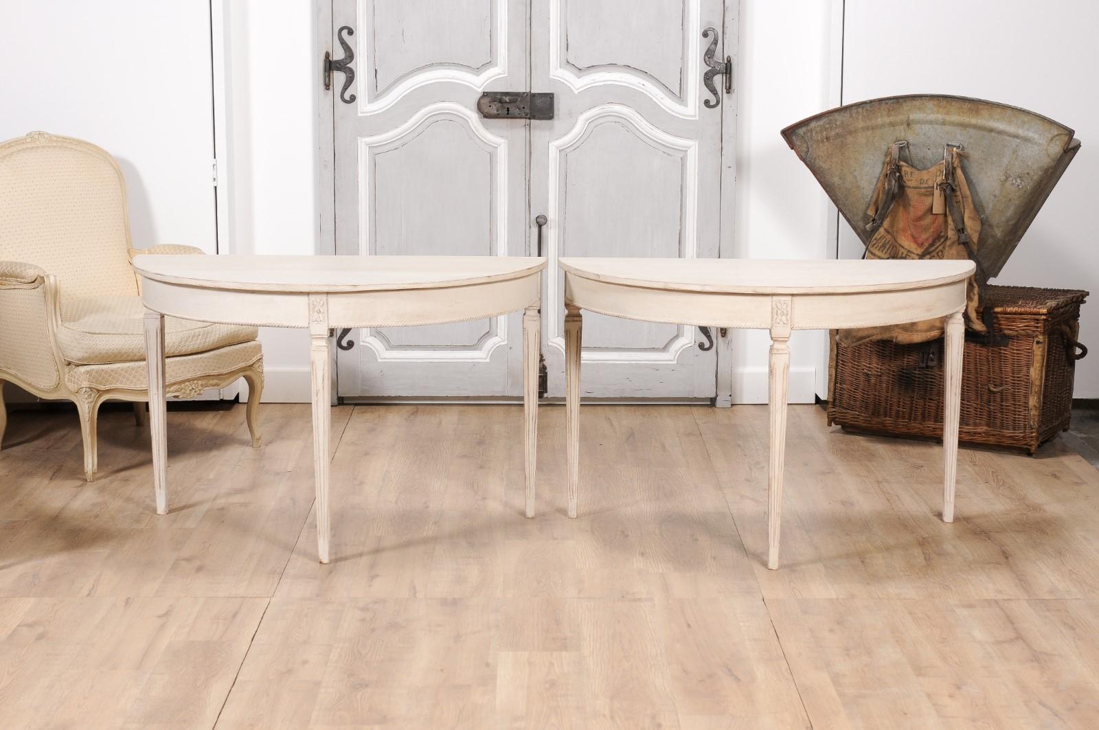 1880s Gustavian Style Antique White Painted Demilune Console Tables, a Pair 4