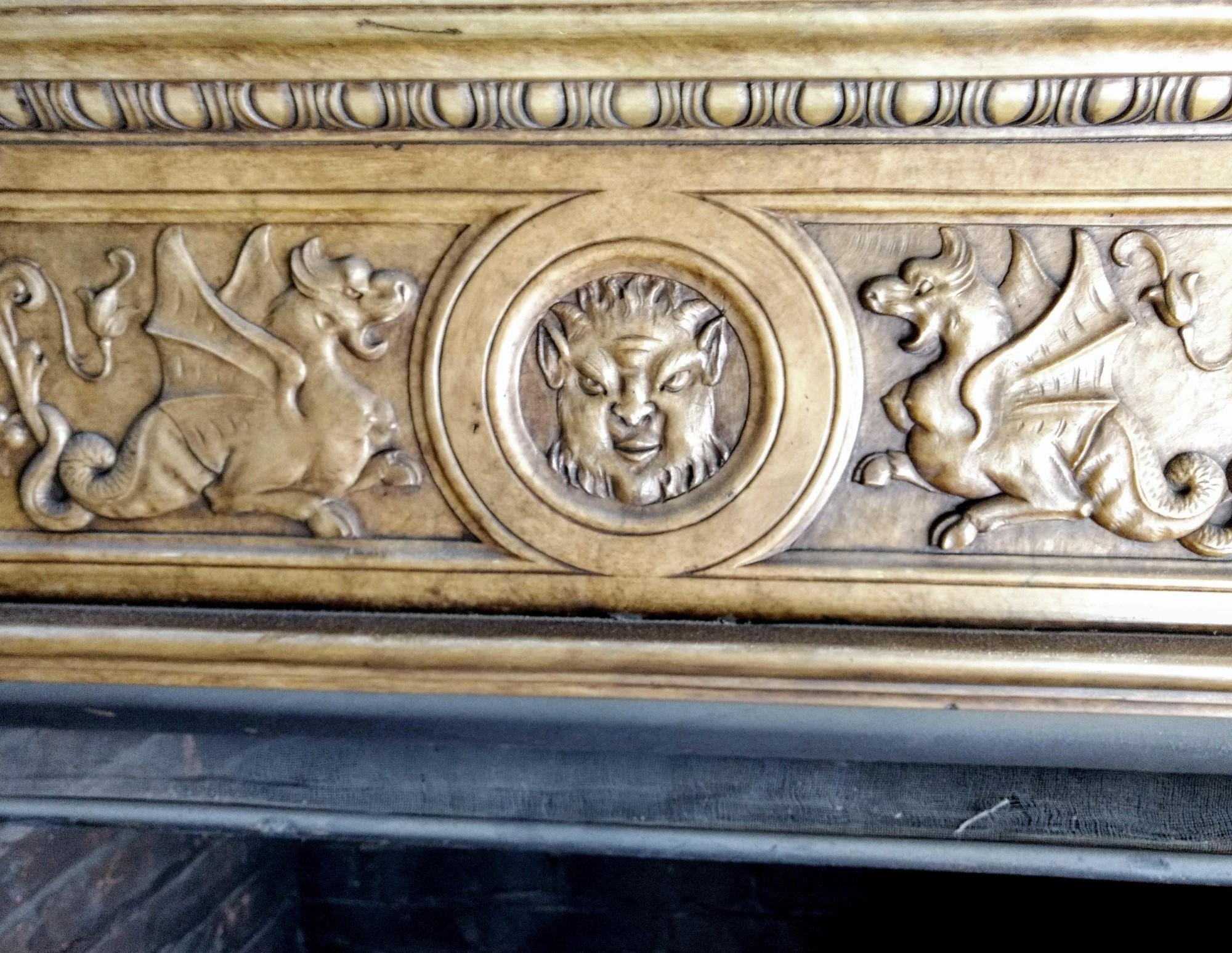 1880s Hand Carved Gothic Carrara Marble Fireplace Mantel with Griffins and Urns 2
