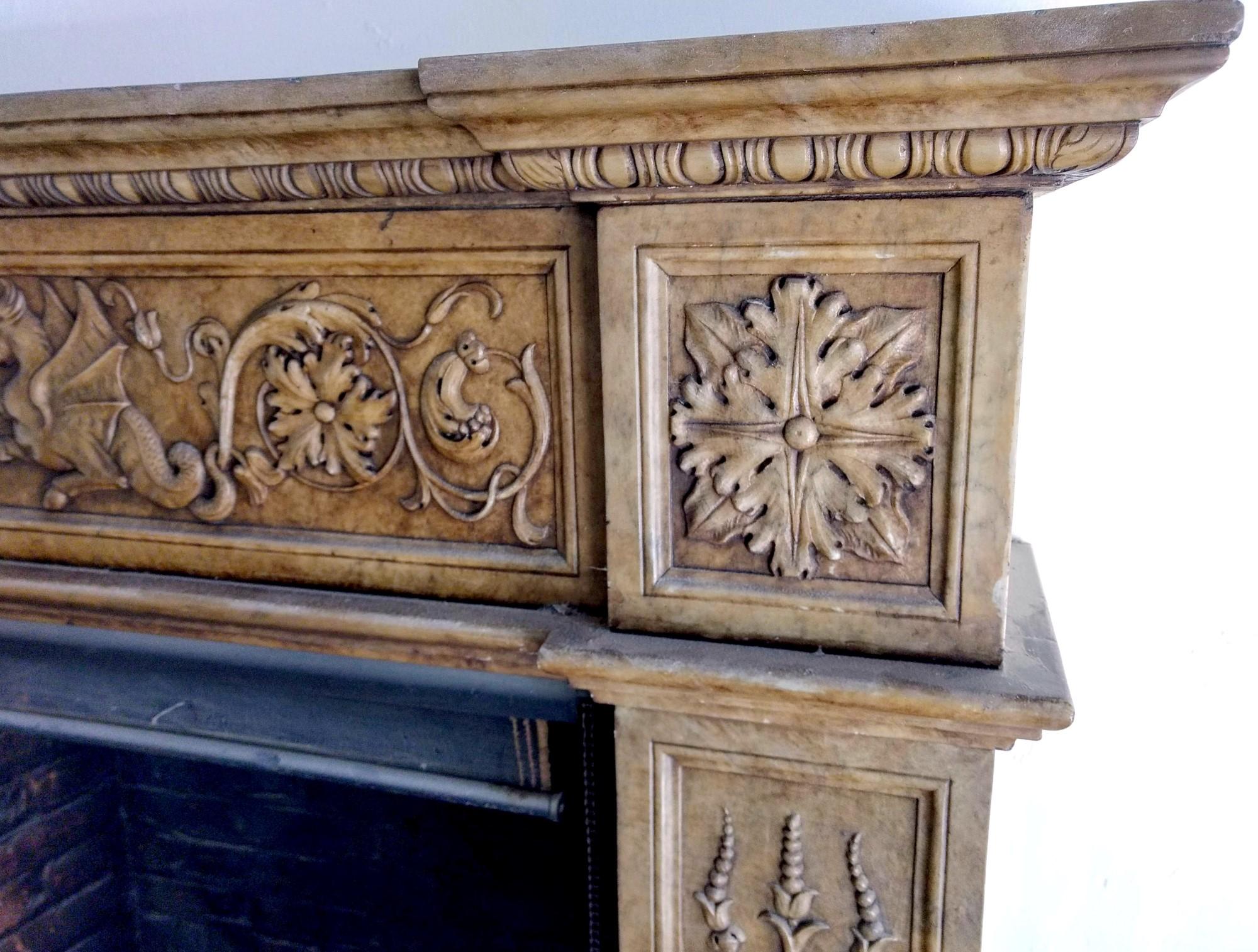 1880s Hand Carved Gothic Carrara Marble Fireplace Mantel with Griffins and Urns 3