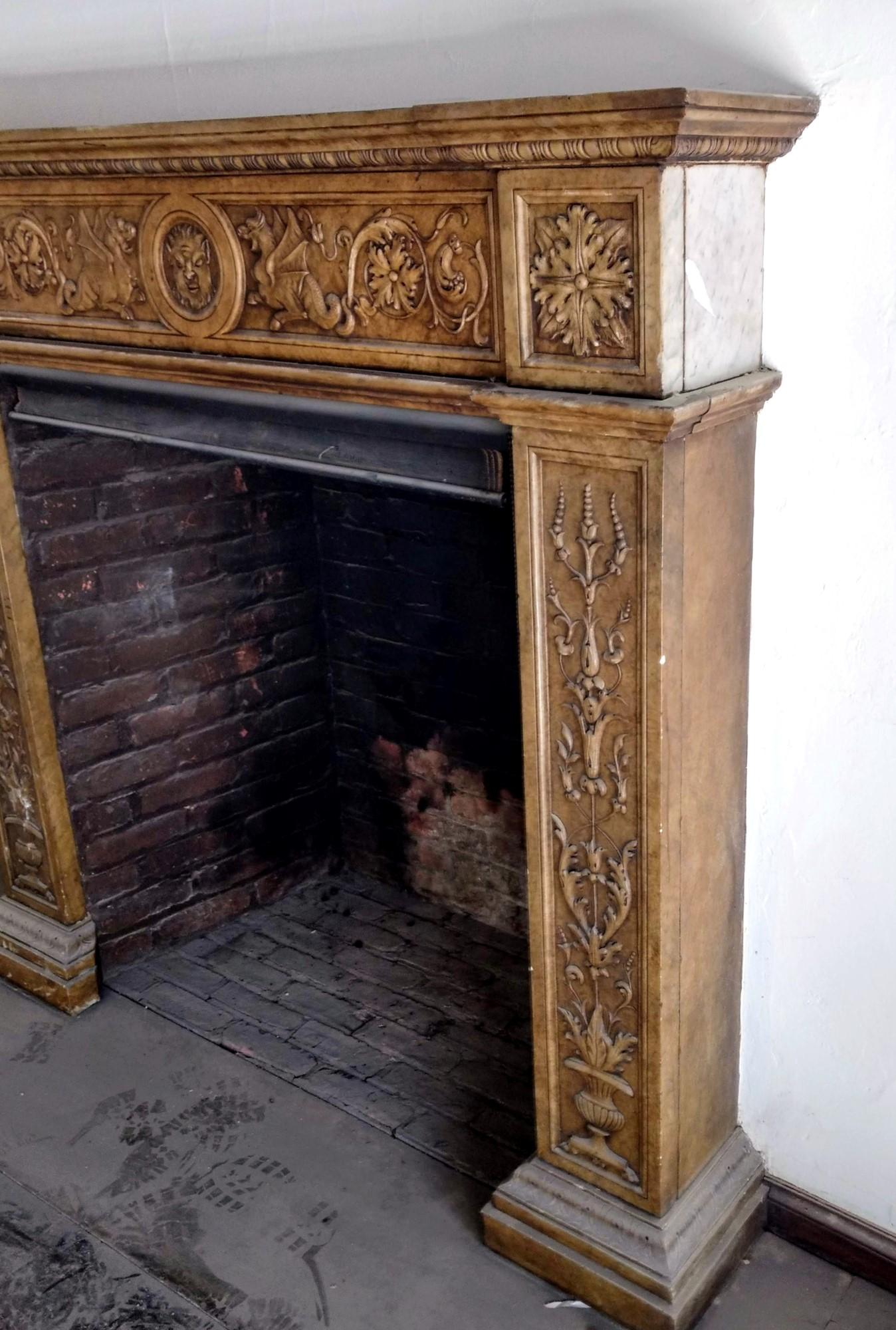 1880s Hand Carved Gothic Carrara Marble Fireplace Mantel with Griffins and Urns In Good Condition In New York, NY