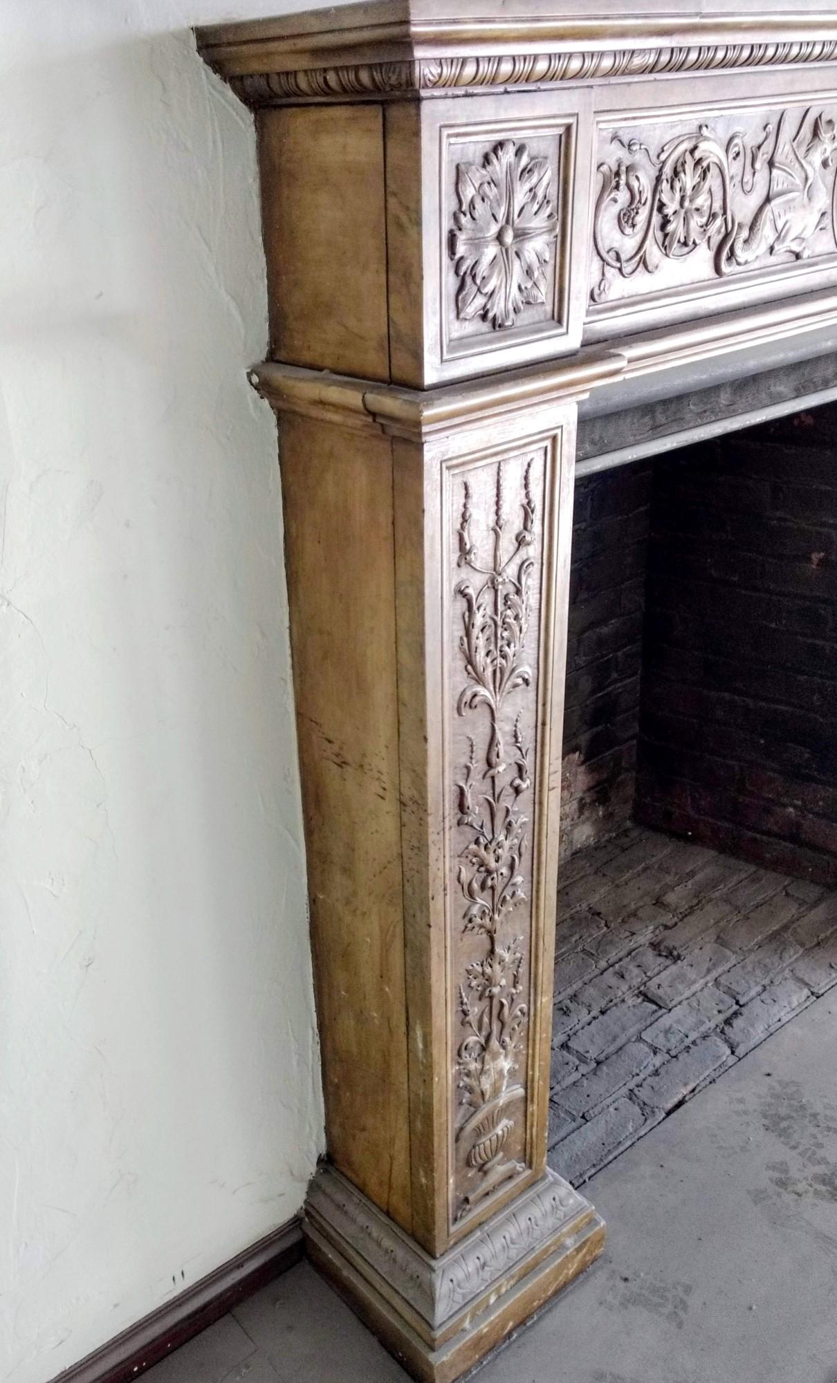 19th Century 1880s Hand Carved Gothic Carrara Marble Fireplace Mantel with Griffins and Urns