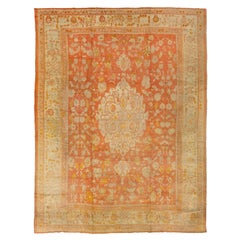 Tappeto in lana Oushak turco arancione fatto a mano del 1880 con motivo a medaglione