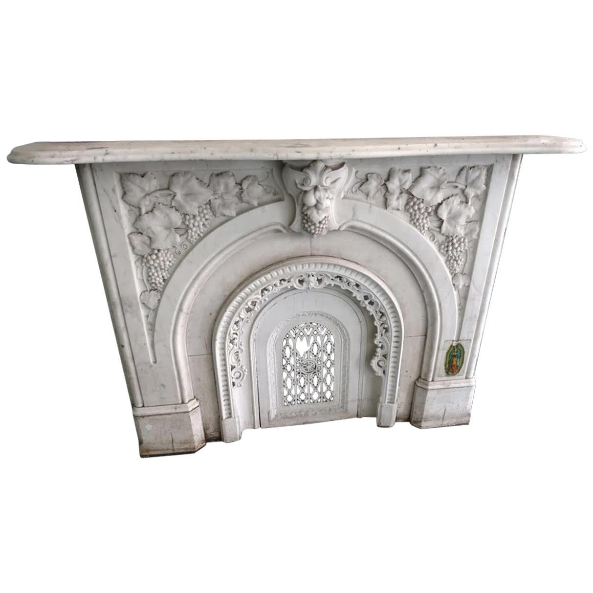 1880s Highly Hand Carved White Carrara Marble Mantel with Grape and Vine Details