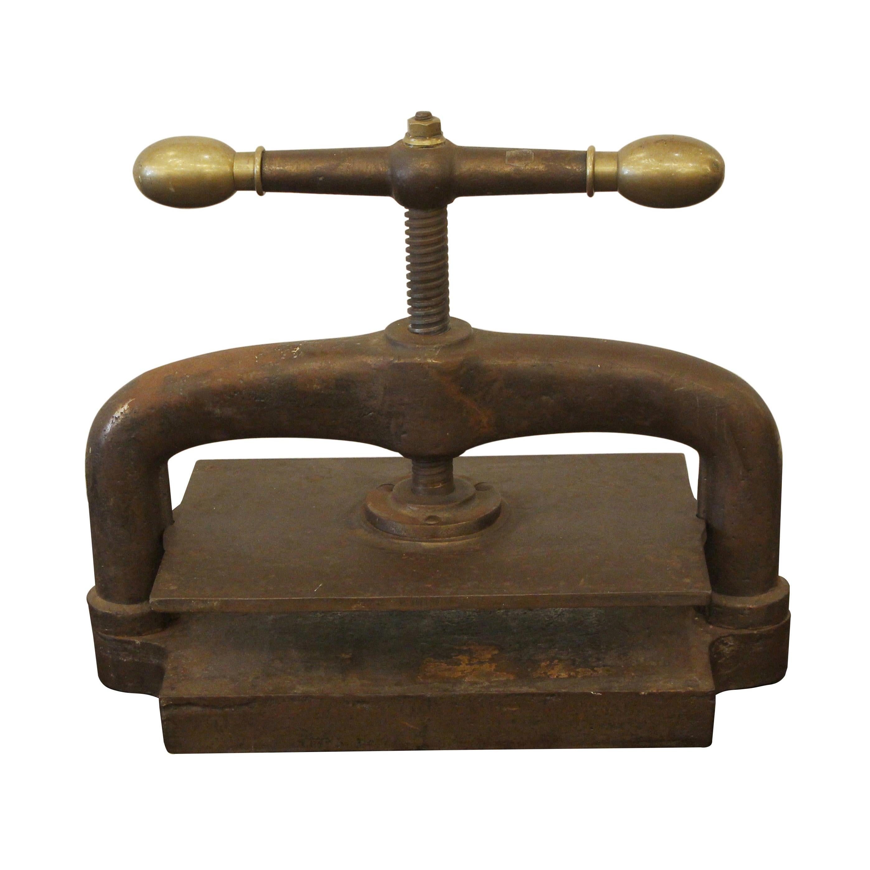 1880s Industrial Cast Iron Book Press with Brass End Details