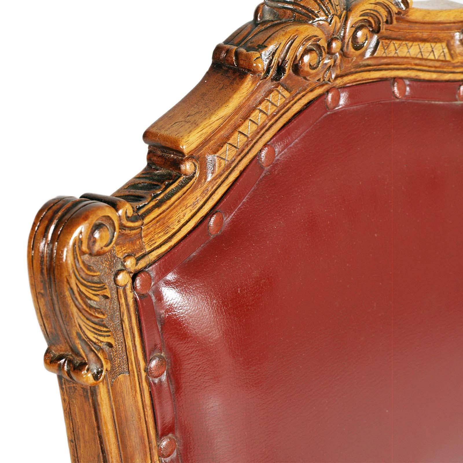 1880s Italian Chairs Neoclassic Eclectic Hand Carved Walnut Leather Upholstered For Sale 4