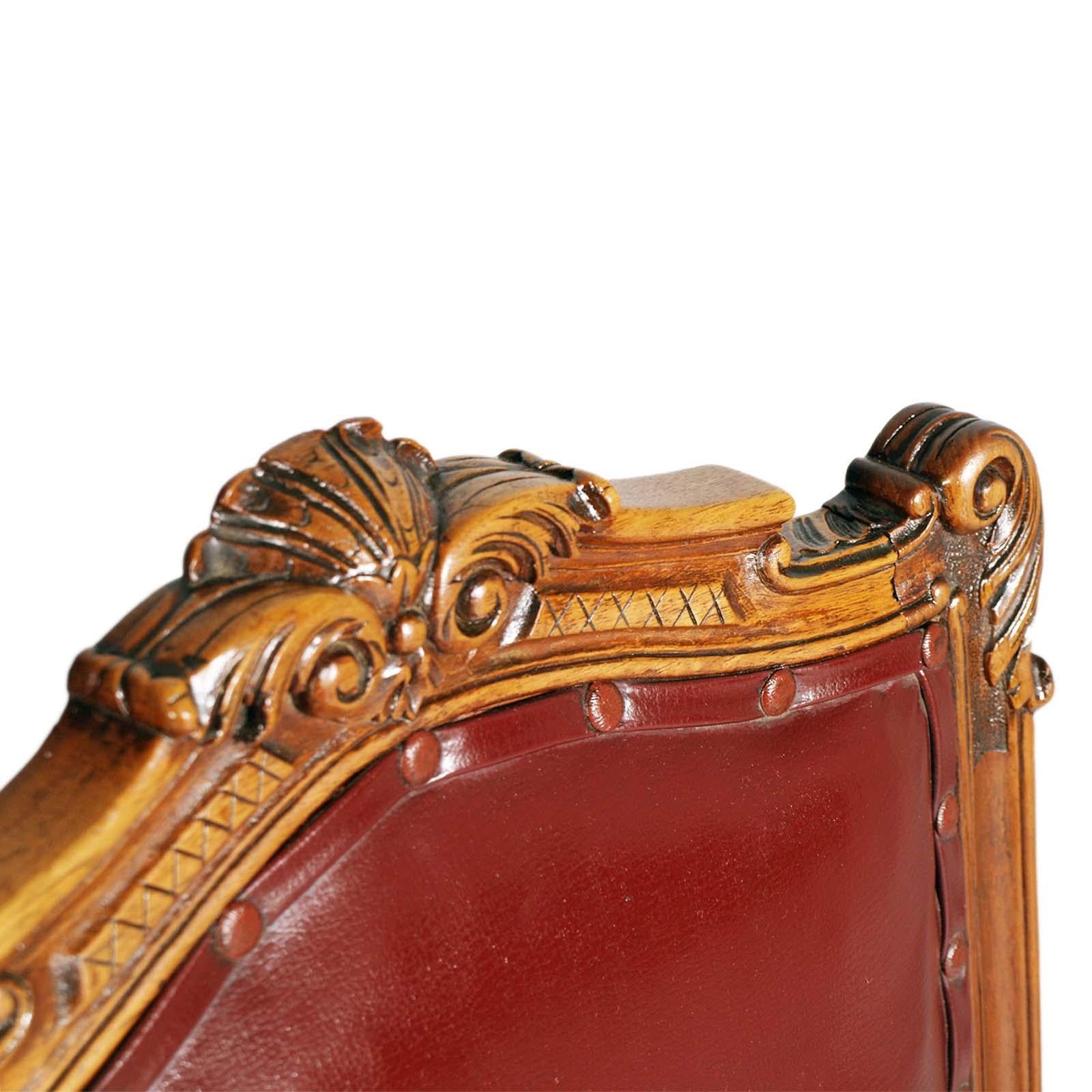 1880s Italian Chairs Neoclassic Eclectic Hand Carved Walnut Leather Upholstered For Sale 5