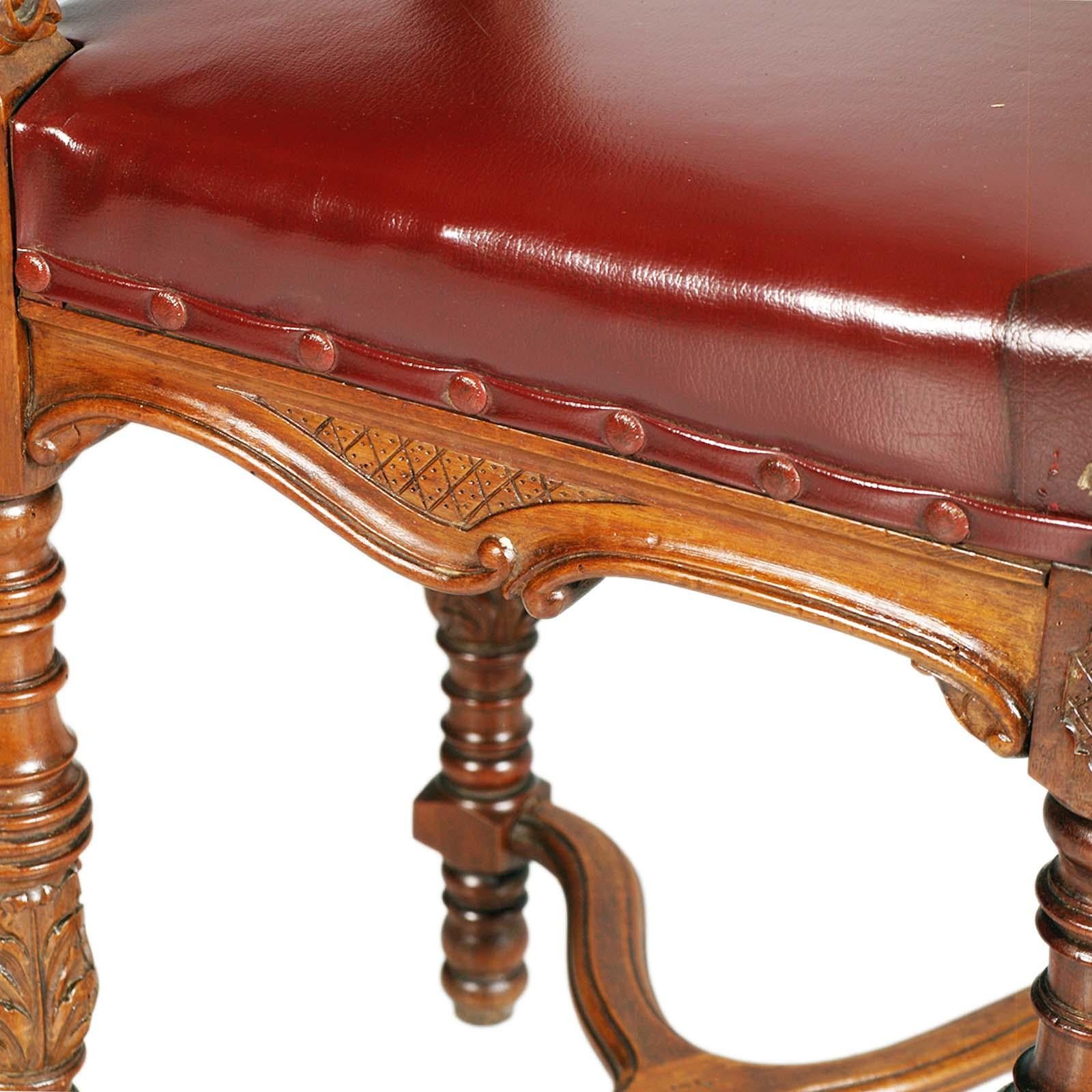 1880s Italian Chairs Neoclassic Eclectic Hand Carved Walnut Leather Upholstered For Sale 7