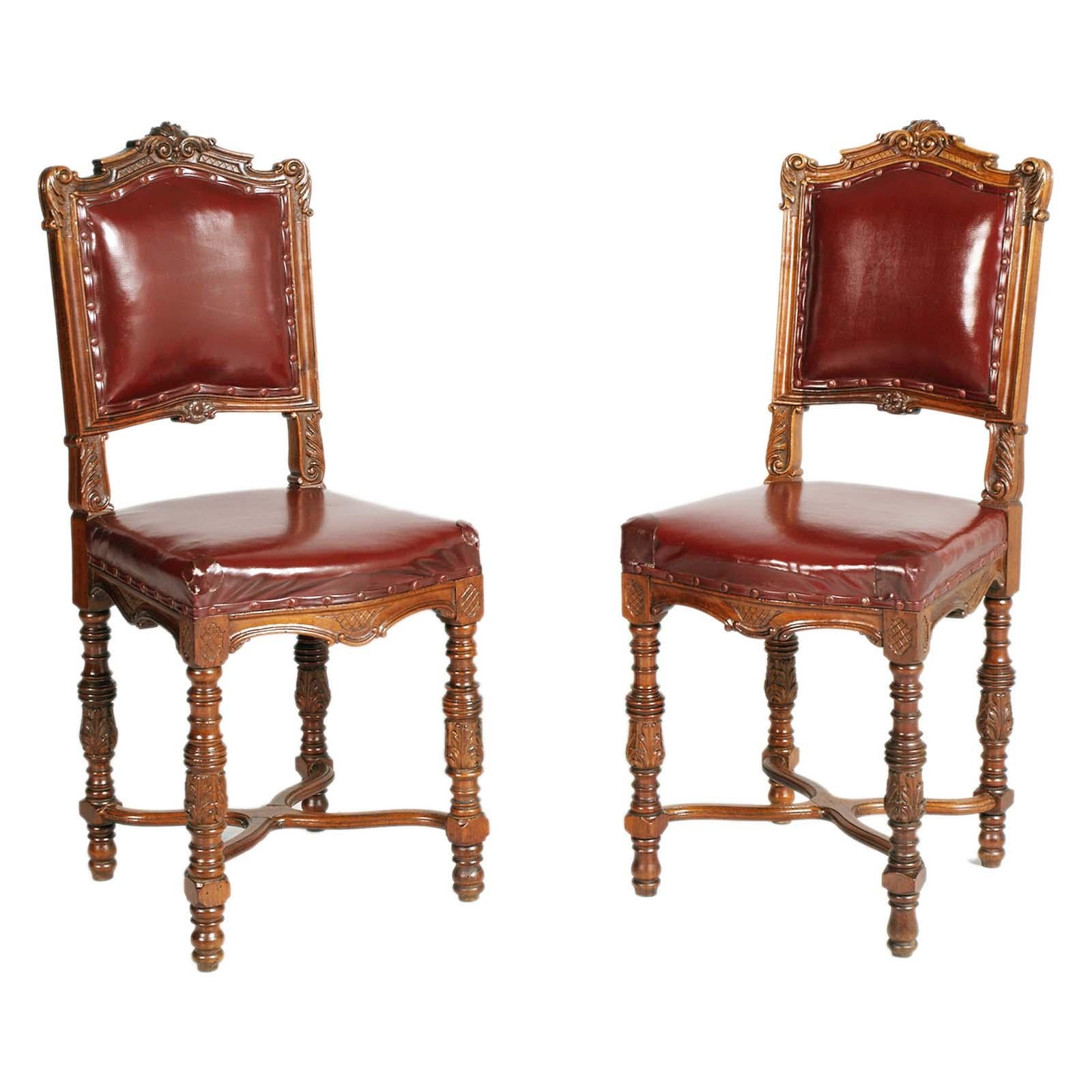 Stunning original and sturdy 1880s Italian Chairs Eclectic in hand-carved walnut, real antique red leather upholstered.
About Italian Style: Neoclassical - Eclecticism (1870-1890)
Towards the end of the 19th century, the taste for the combination