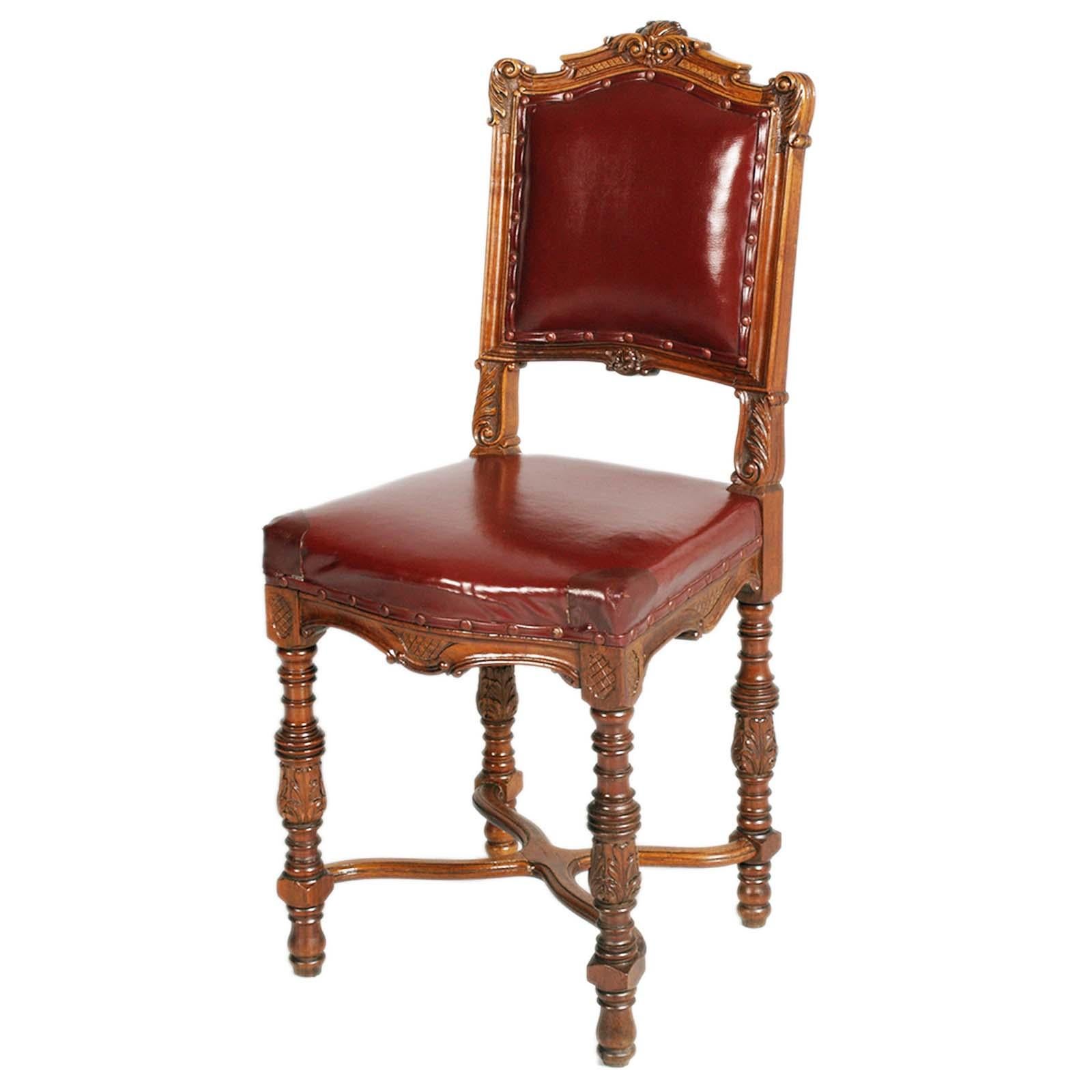 Neoclassical 1880s Italian Chairs Neoclassic Eclectic Hand Carved Walnut Leather Upholstered For Sale