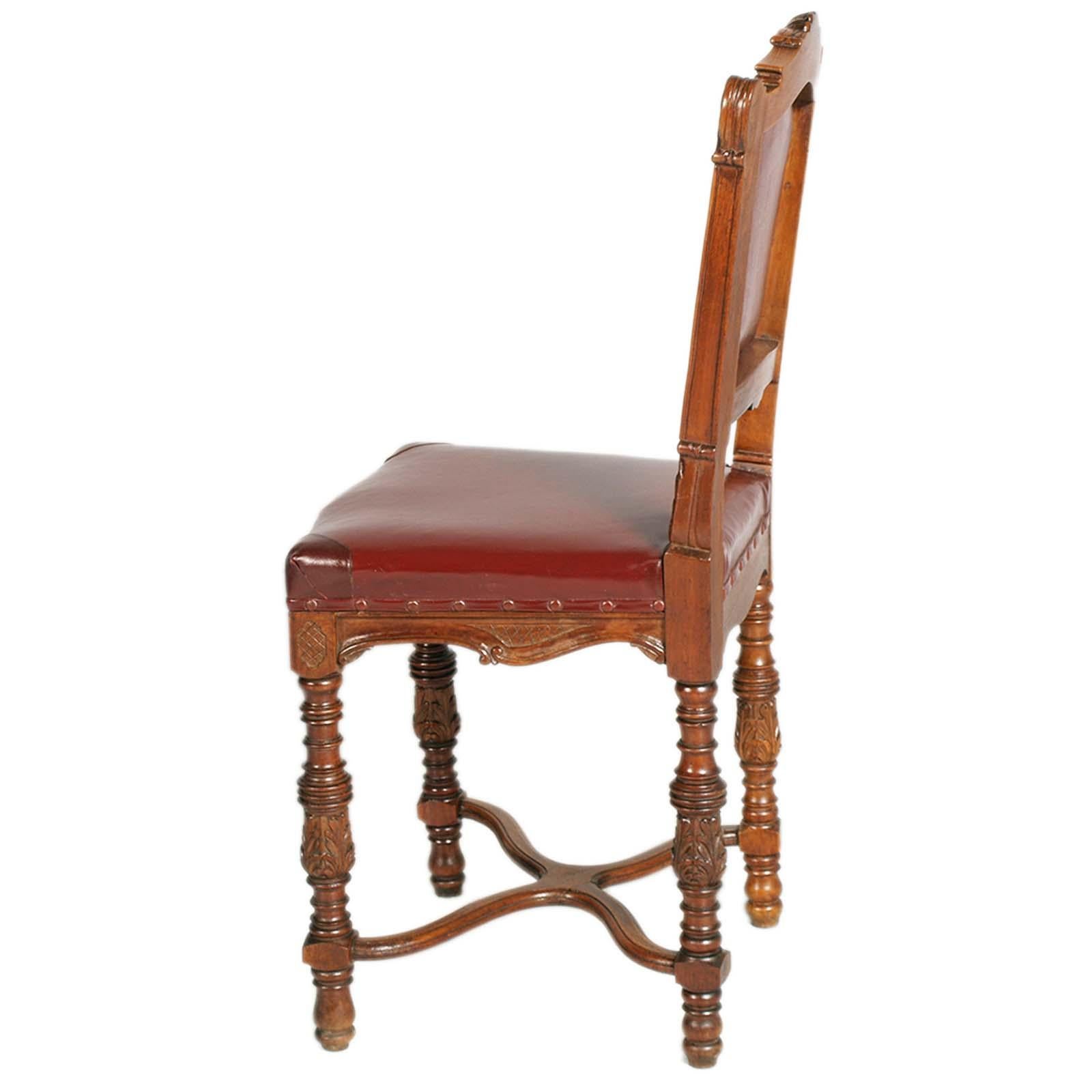 Hand-Carved 1880s Italian Chairs Neoclassic Eclectic Hand Carved Walnut Leather Upholstered For Sale
