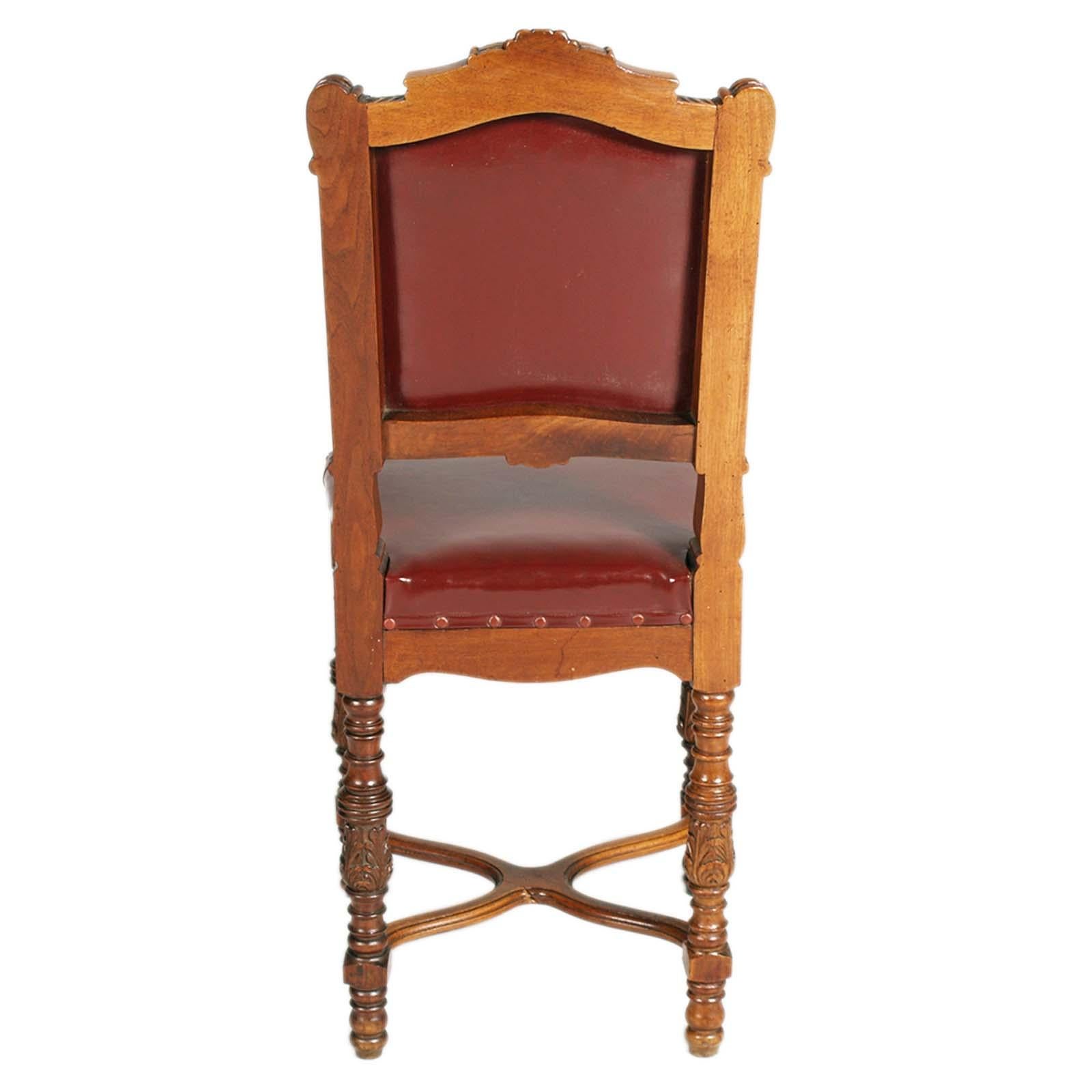 19th Century 1880s Italian Chairs Neoclassic Eclectic Hand Carved Walnut Leather Upholstered For Sale