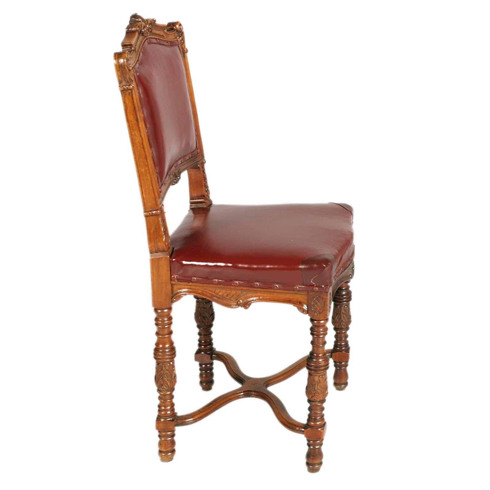 1880s Italian Chairs Neoclassic Eclectic Hand Carved Walnut Leather Upholstered For Sale 1