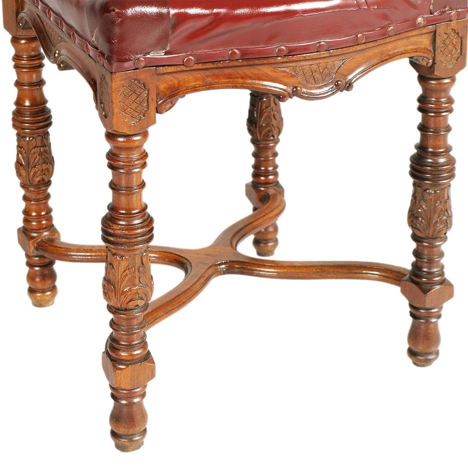 1880s Italian Chairs Neoclassic Eclectic Hand Carved Walnut Leather Upholstered For Sale 2