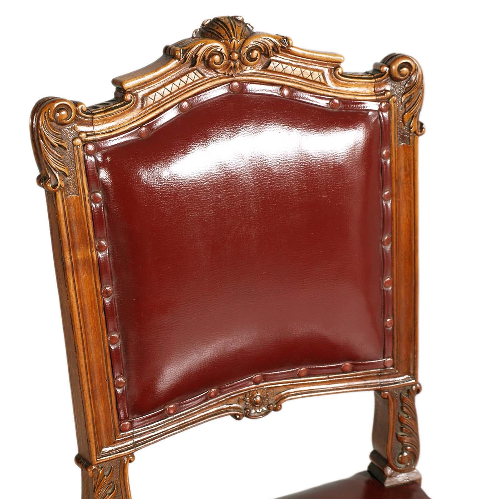 1880s Italian Chairs Neoclassic Eclectic Hand Carved Walnut Leather Upholstered For Sale 3