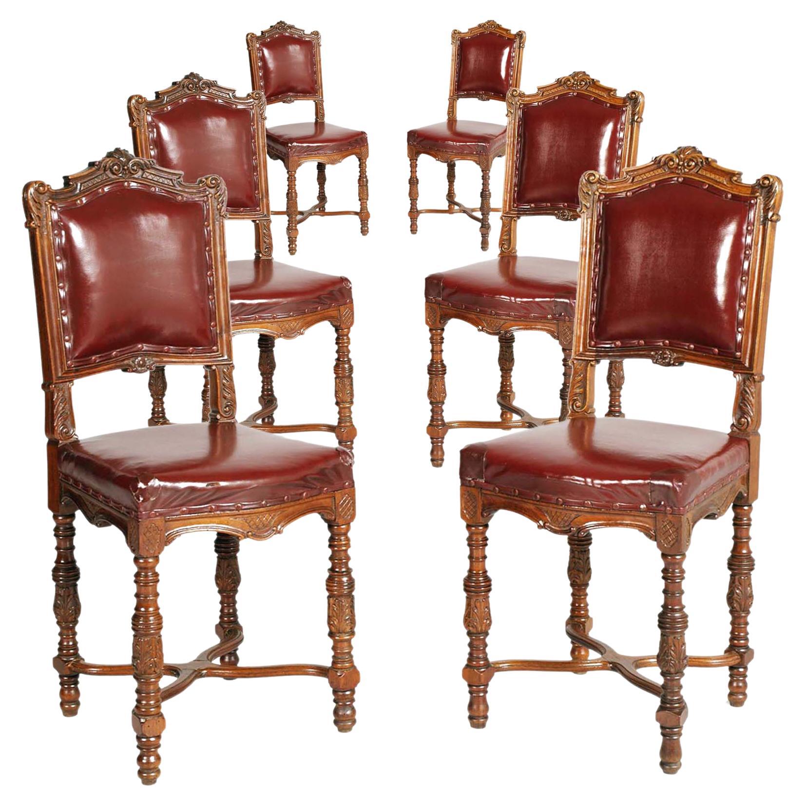 1880s Italian Chairs Neoclassic Eclectic Hand Carved Walnut Leather Upholstered For Sale