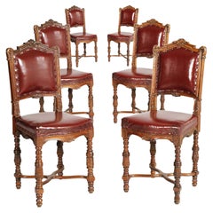 1880s Italian Chairs Neoclassic Eclectic Hand Carved Walnut Leather Upholstered