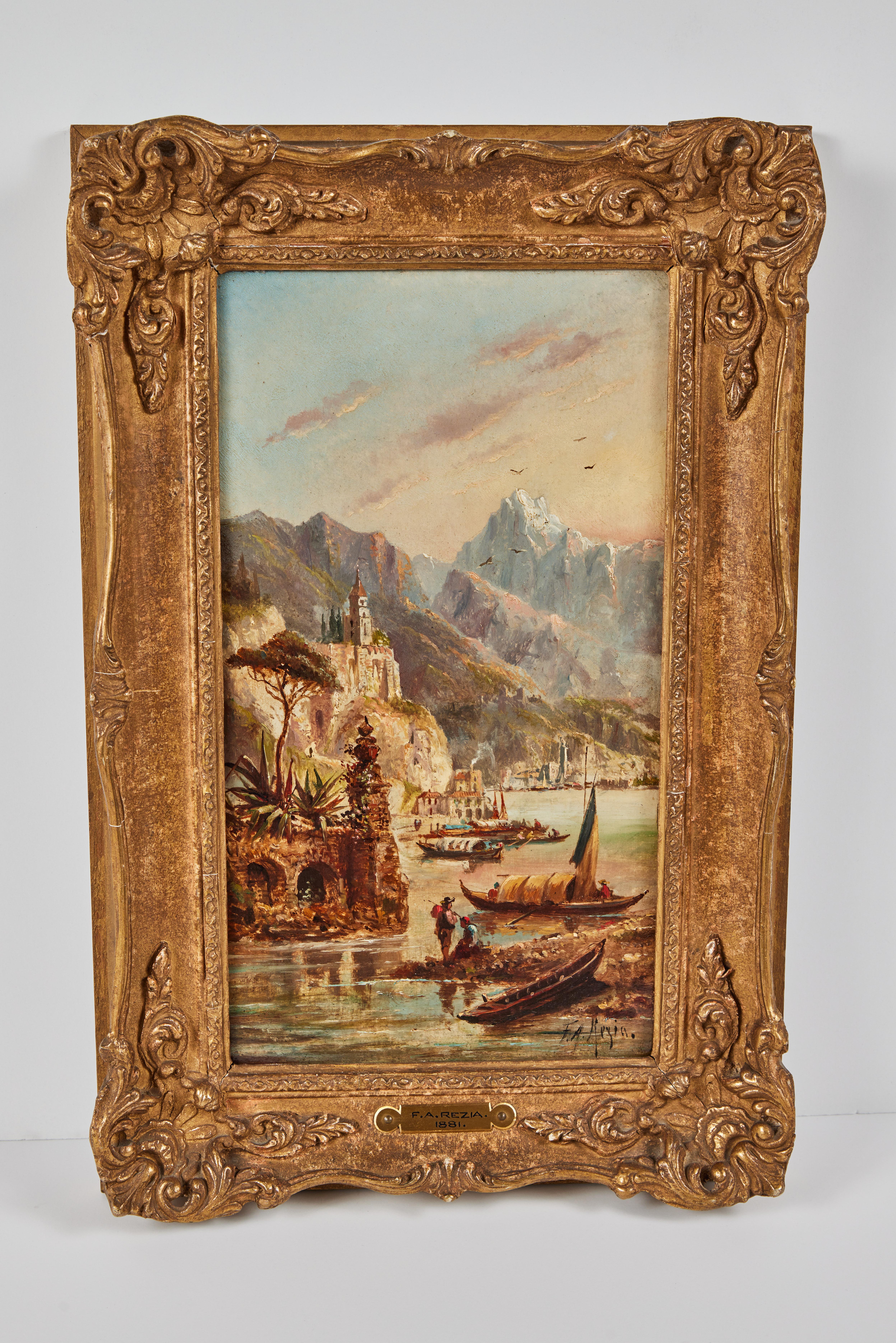 A beautifully painted, mated pair of signed 19th century, oil-on-board, Italian, atmospheric, Capriccio seascapes by listed artist, Franz Auguste Rezia  (1857-1906). Each held in period frames inset with engraved, brass plaques with artist name and