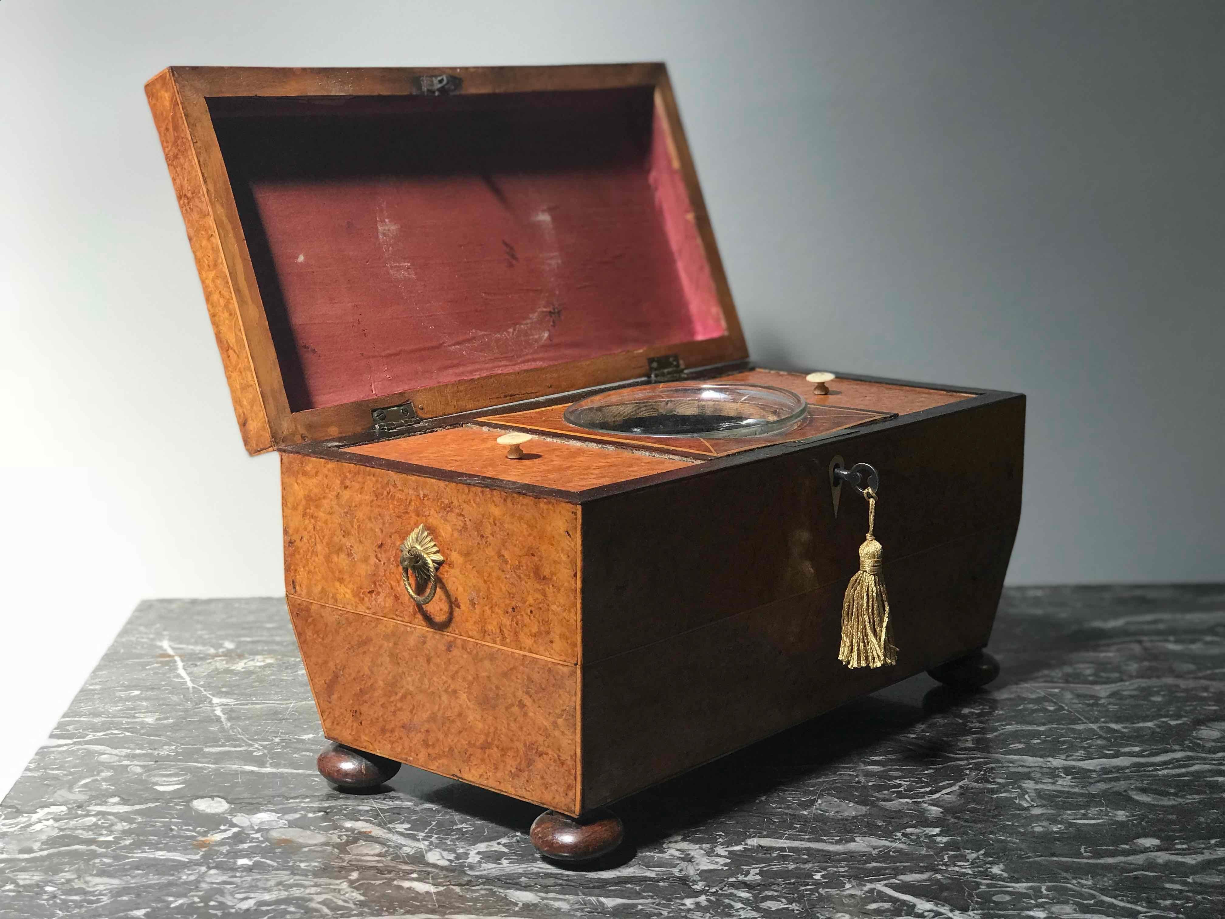 1880s Large Yew Wood English Tea Caddy with Three Compartments  In Good Condition In Los Angeles, CA