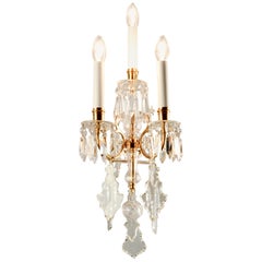 1880s Lobmeyr Polished Antique Gold Three-Arm Wall Sconce with Hand-Cut Crystal