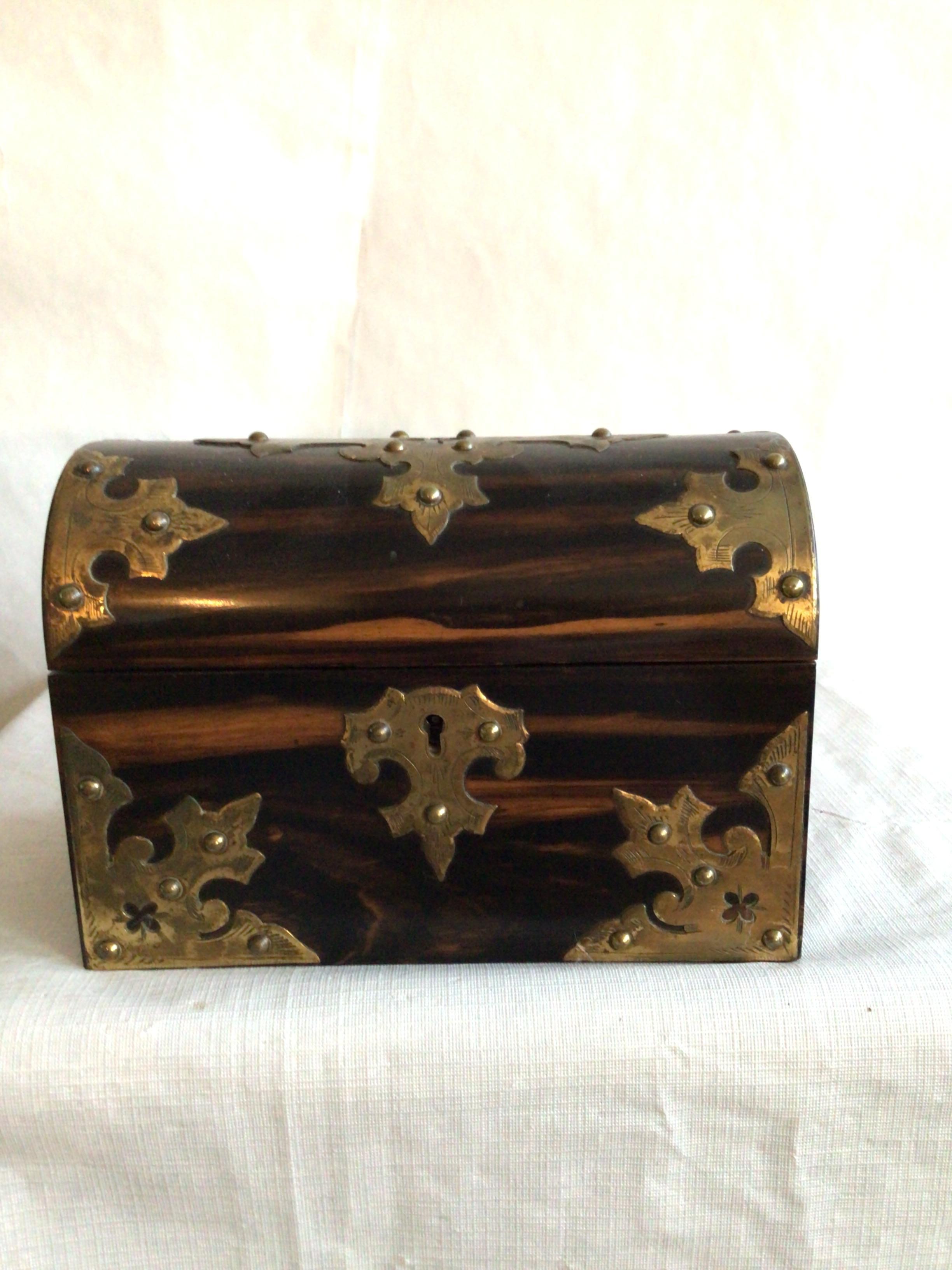 1880s Madagascar Rosewood and Brass Letter Box
Key Hole - no key- Dividers inside 
Moire Fabric (signs of wear, as shown in pictures)
