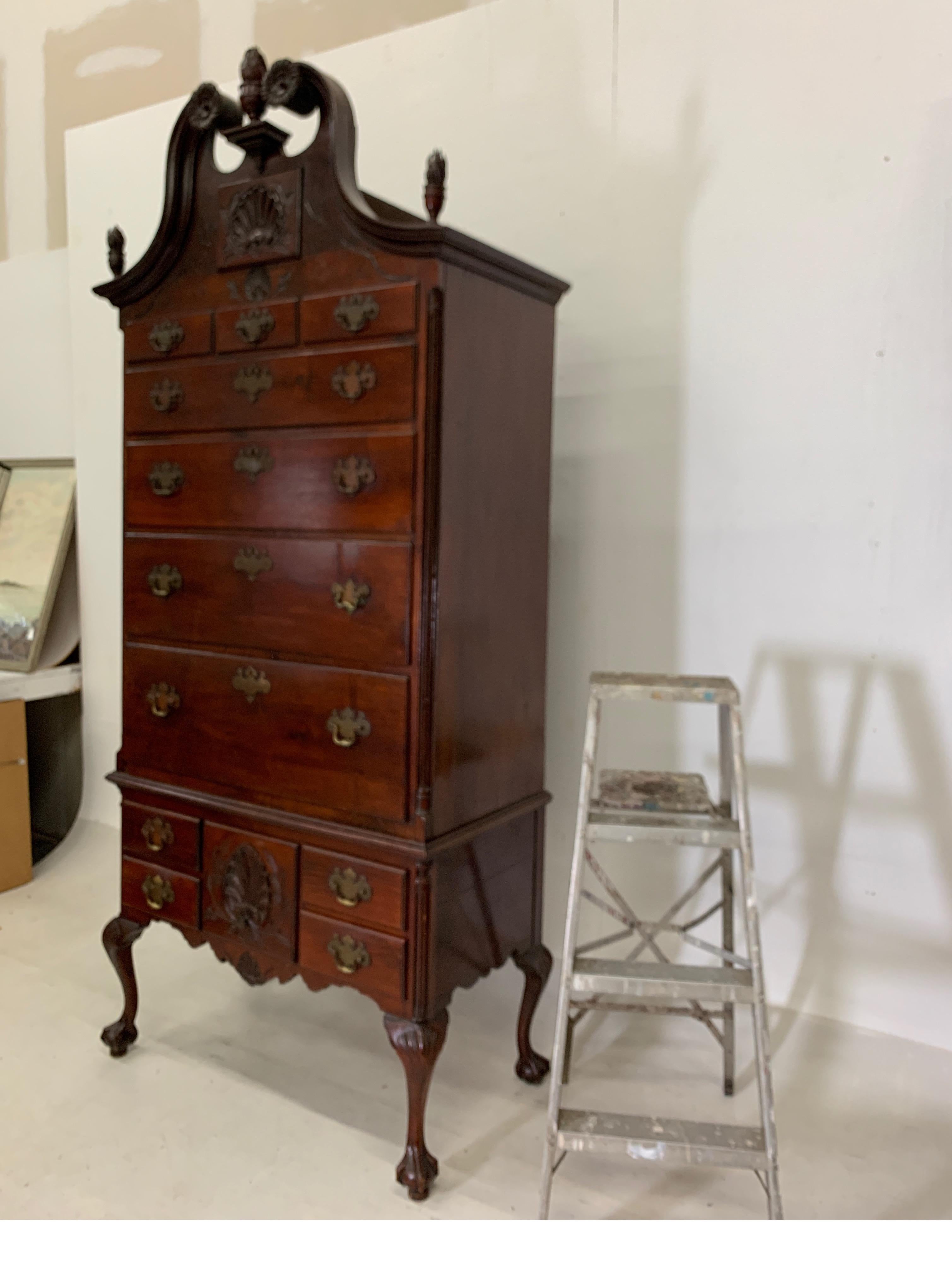 1880s Mahogany Chippendale Style Highboy with Flame Finials 11