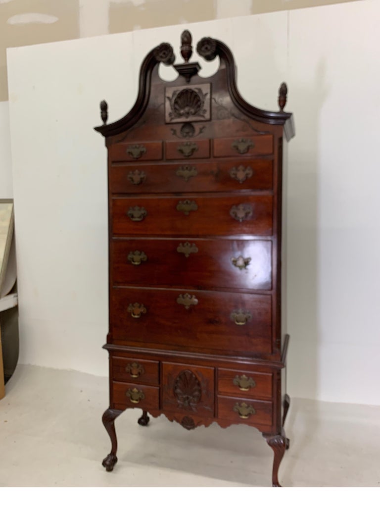 1880s Mahogany Chippendale Style Highboy With Flame Finials For