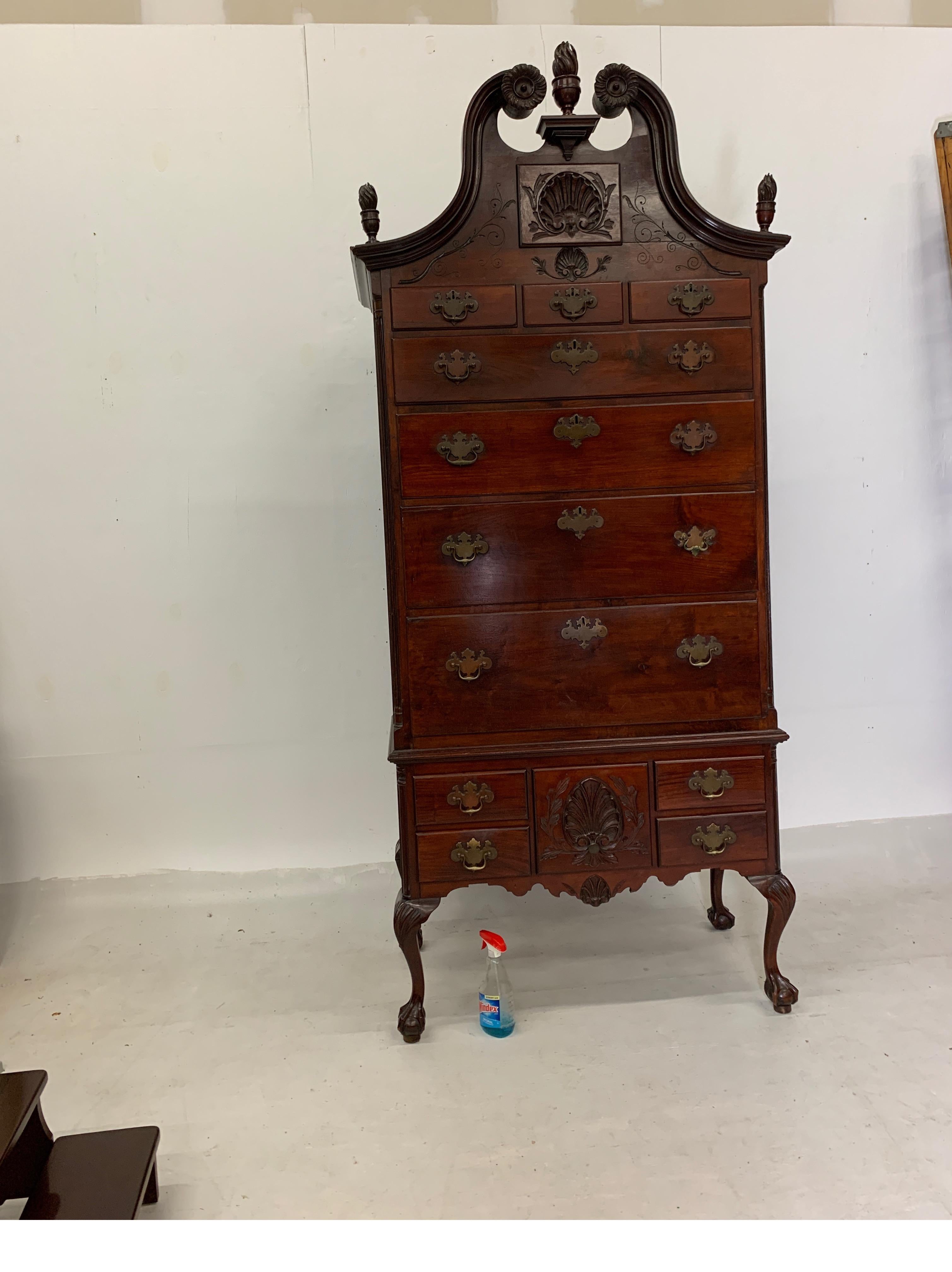 1880s Mahogany Chippendale Style Highboy with Flame Finials 13