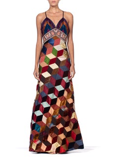 1880's Morphew Collection Gown In Antique Victorian Patchwork Silk Entirely Hand