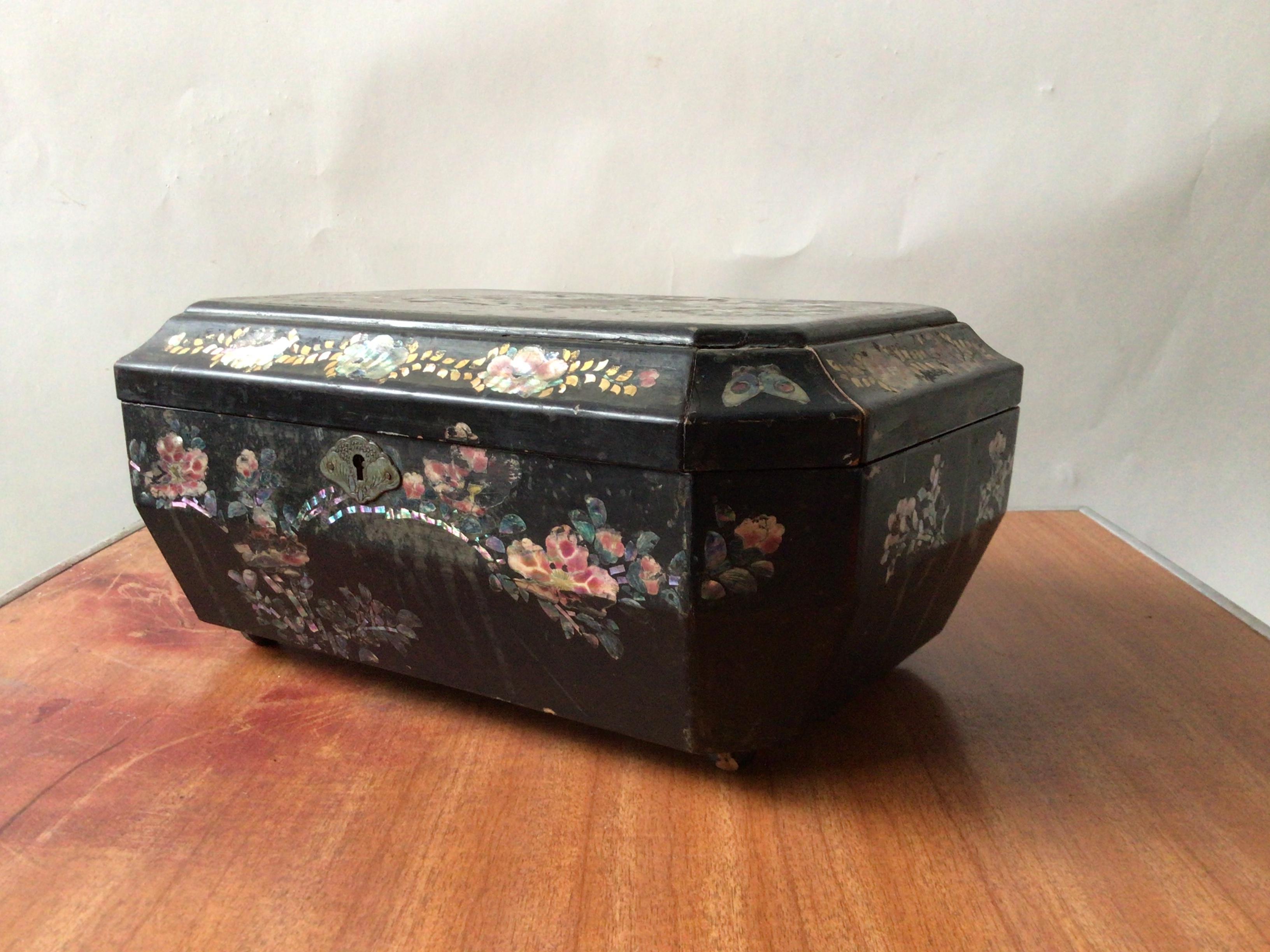 1880s Hand painted box with mother of Pearl adornment. Purchased from an East Hampton estate.