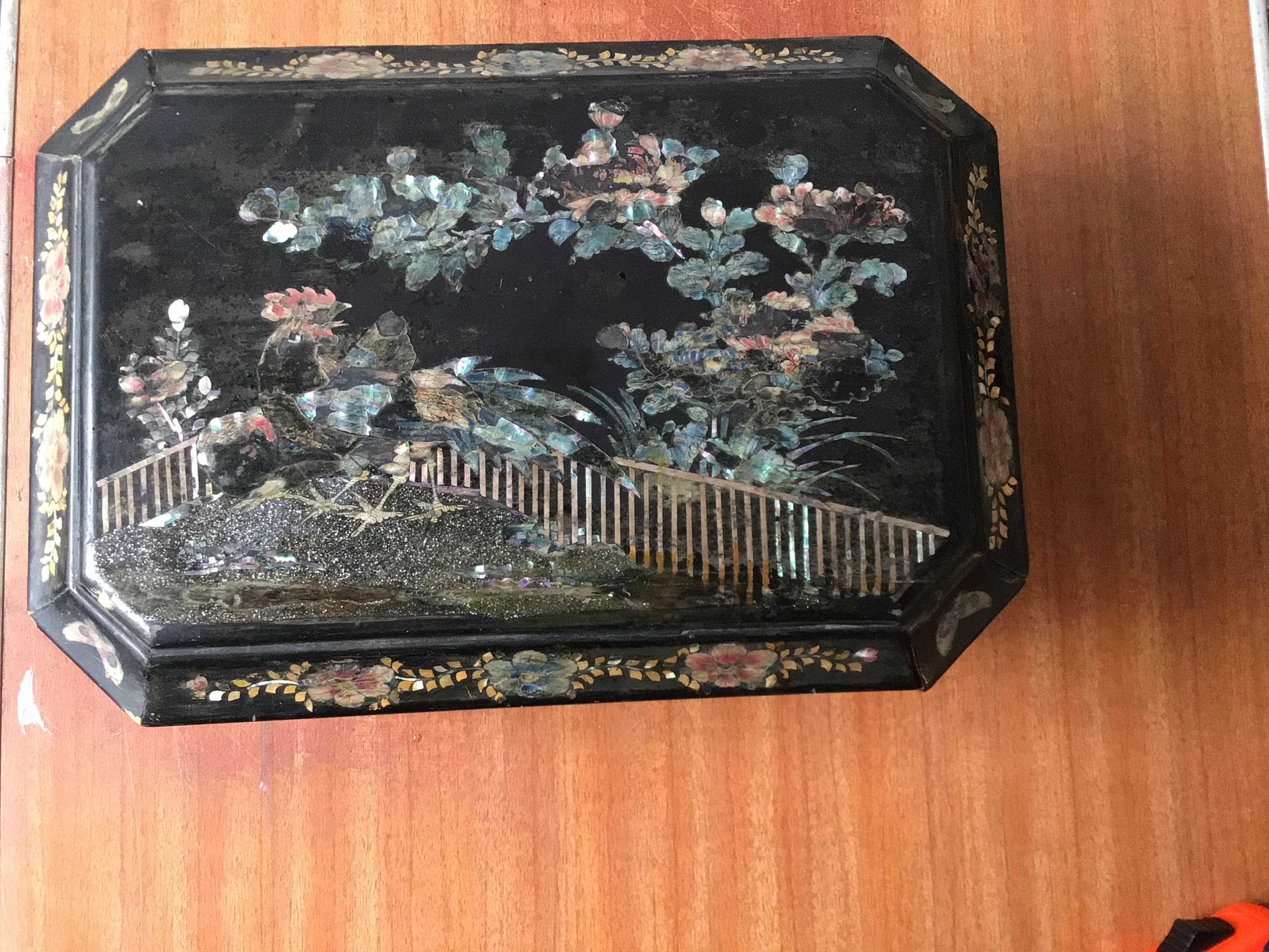 Wood 1880s Mother of Pearl Hand Painted Box For Sale