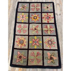 1880s Multi Antique Folk Art Geometric Americana Modern Hooked Knotted Wool Rug