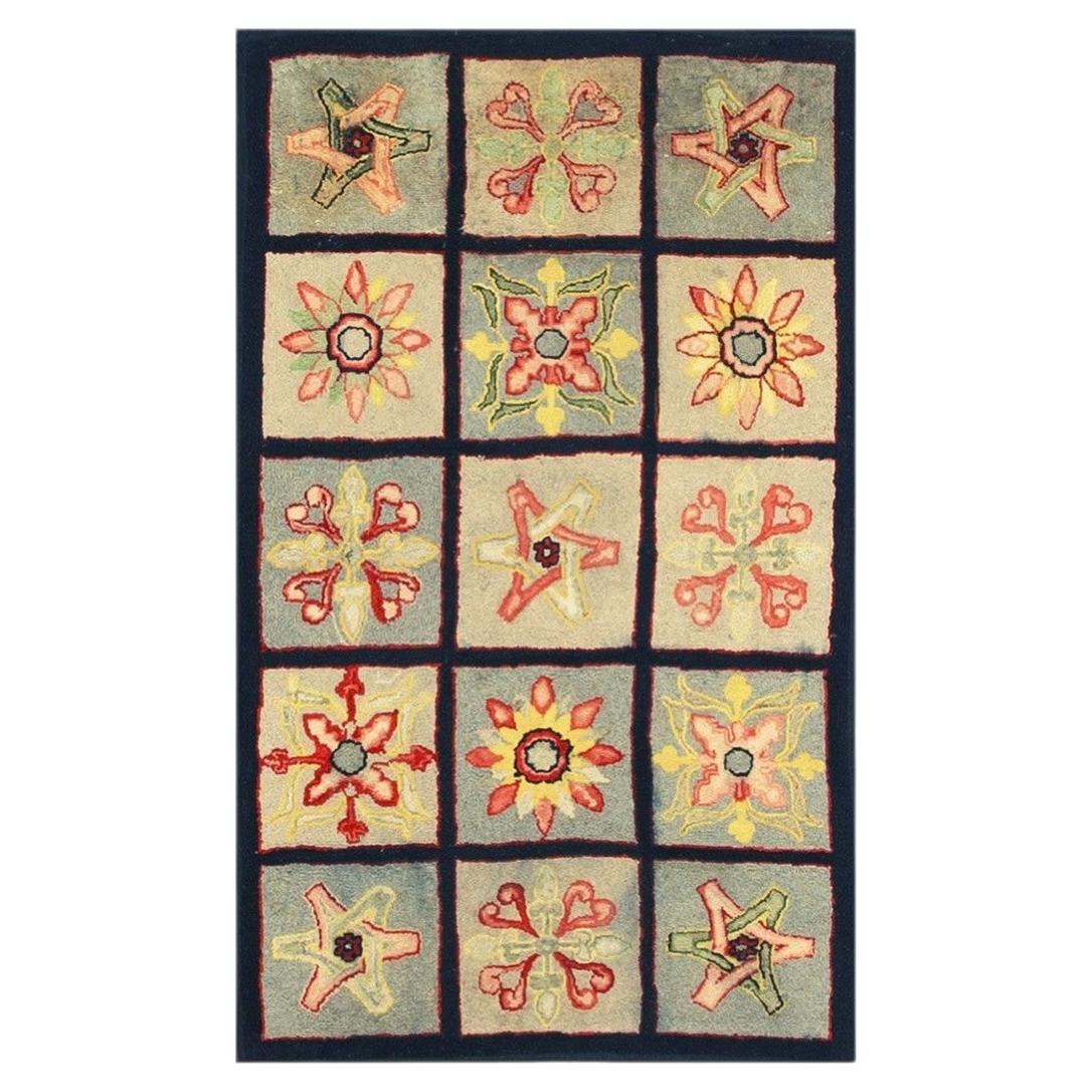 1880s Multi Antique Folk Art Geometric Americana Modern Hooked Knotted Wool Rug