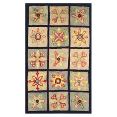 1880s Multi Antique Folk Art Geometric Americana Modern Hooked Knotted Wool Rug
