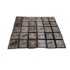 1880s Multicolor Antique Scenic Pictorial Folk Art American Hooked Rug Carpet