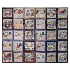1880s Multicolor Antique Scenic Pictorial Folk Art American Hooked Rug Carpet