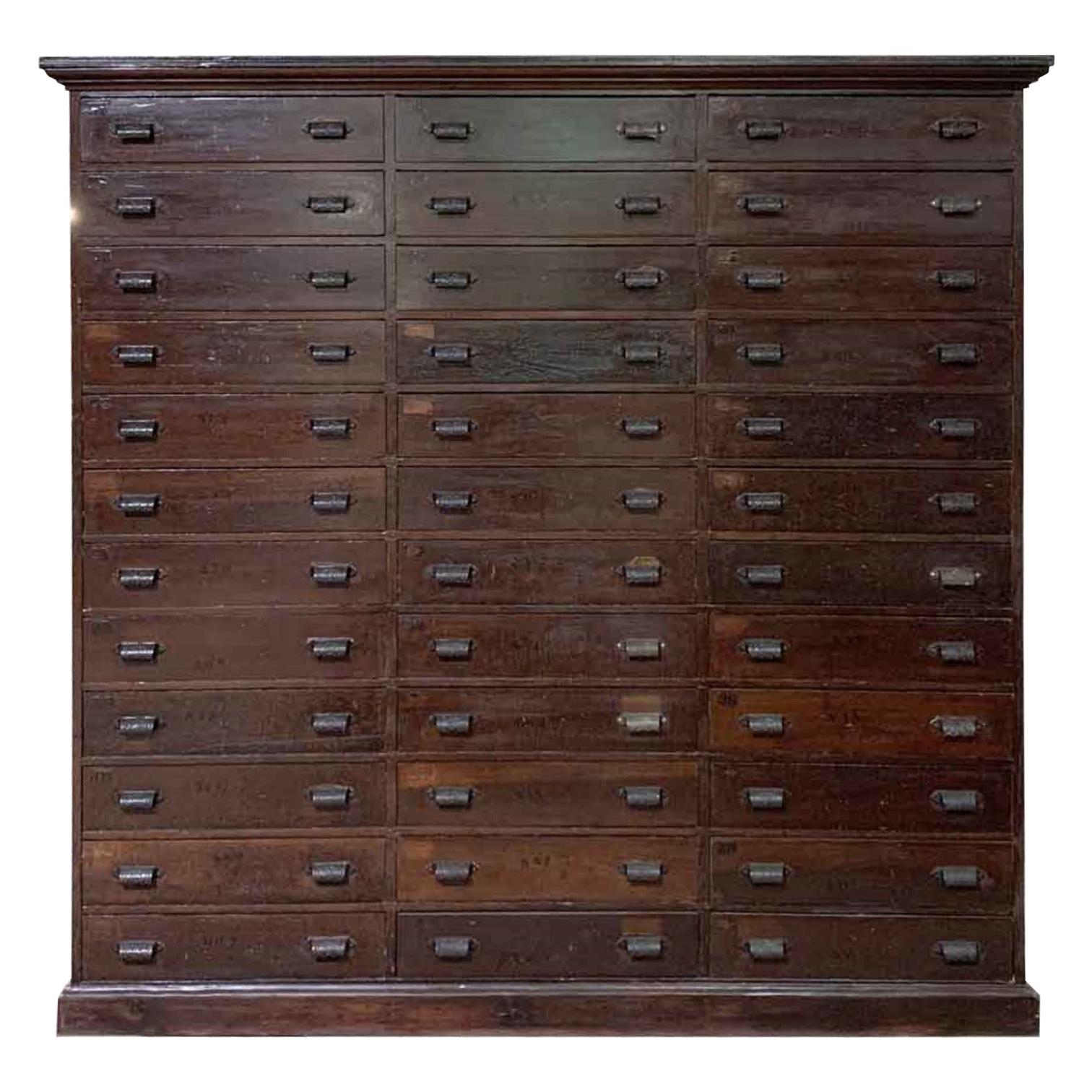 1880s New England Industrial Wood Cabinet 36 Drawers