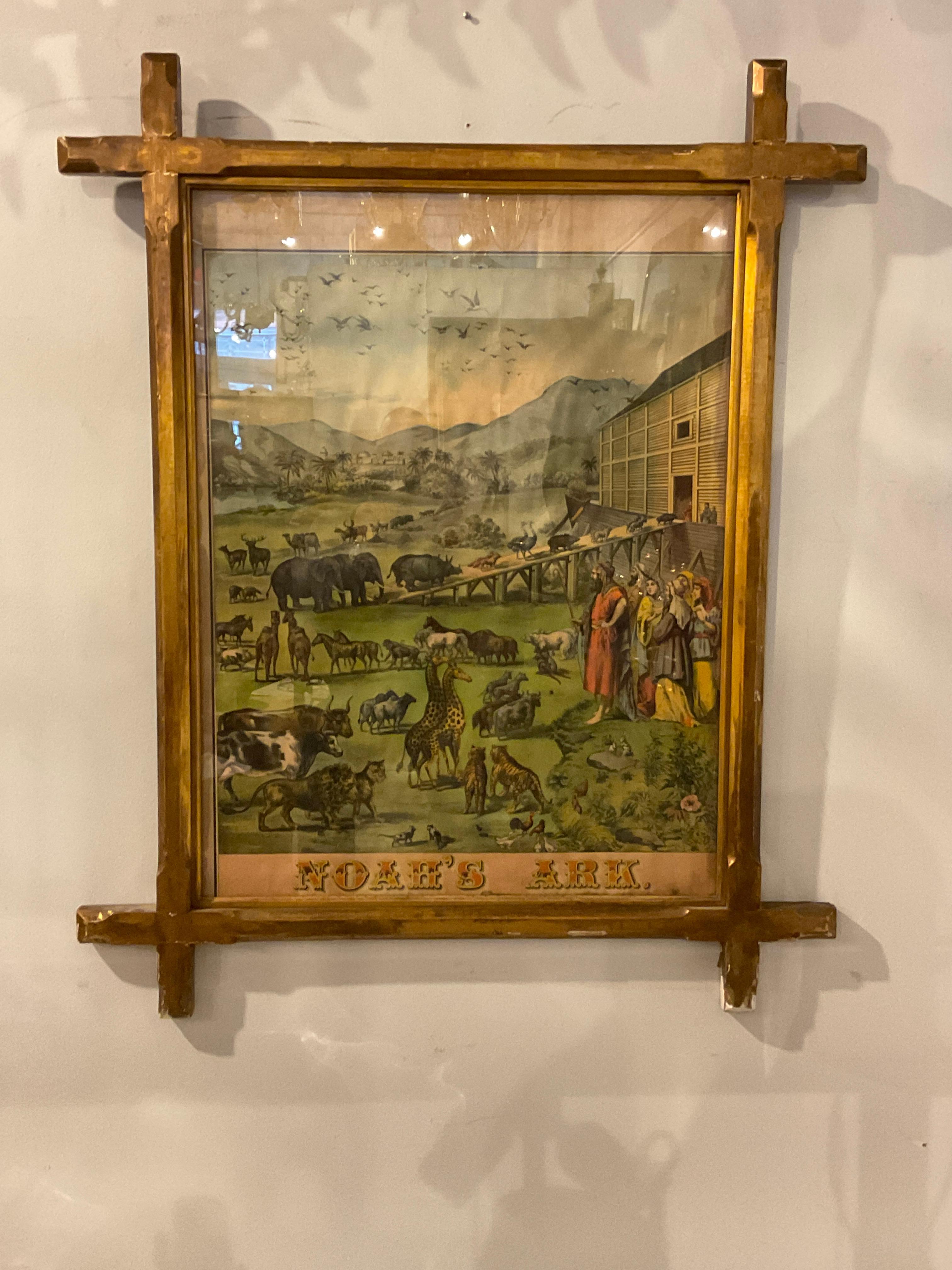 1880s Noah’s Ark print in gilt wood frame. Great images, great color.