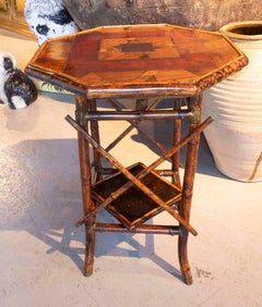 1880s Octagonal Bamboo Side Table with Wood Marquetry and Lower Shelf