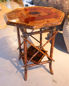 1880s Octagonal Bamboo Side Table with Wood Marquetry and Lower Shelf